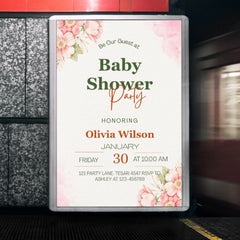 Editable Elegant Floral Baby Shower Invitation | Pink & Green | Digital Download | Corjl Template