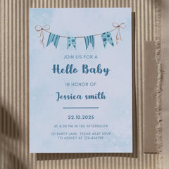 Editable Minimalist Blue Baby Shower Invitation | Watercolor Bunting Design | Instant Download | Corjl Template