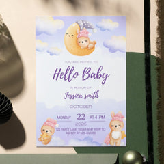 Editable Cute Bunny Baby Shower Invitation | Sleepy Moon Theme | Instant Download | Corjl Template