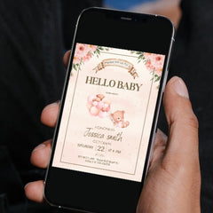 Editable Floral Baby Shower Invitation | Cute Teddy Bear & Balloons | Instant Digital Download | Corjl Template