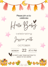 Editable Adorable Baby Shower Invitation | Hand-Drawn Stars & Toys | Instant Digital Download | Corjl Template