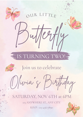 Editable Butterfly Themed 2nd Birthday Invitation | Whimsical & Elegant | Instant Download | Corjl Template