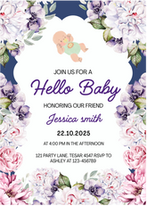 Editable Charming Baby Shower Invitation | Floral Design & Cute Baby Illustration | Digital Download | Corjl Template