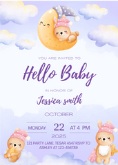 Editable Cute Bunny Baby Shower Invitation | Sleepy Moon Theme | Instant Download | Corjl Template