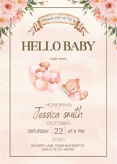 Editable Floral Baby Shower Invitation | Cute Teddy Bear & Balloons | Instant Digital Download | Corjl Template