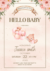 Editable Floral Baby Shower Invitation | Cute Teddy Bear & Balloons | Instant Digital Download | Corjl Template