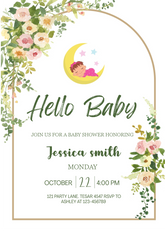 Editable "Hello Baby" Baby Shower Invitation | Moon & Floral Theme | Printable Digital Download | Corjl Template