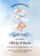 Editable "Hello Baby" Baby Shower Invitation | Teddy Bear & Balloon Theme | Printable Digital Download | Corjl Template