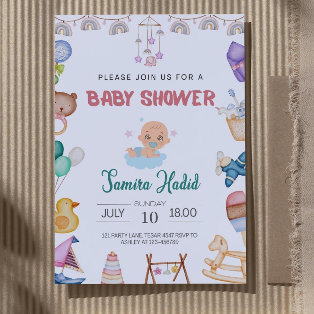 Editable Cute Baby Shower Invitation | Watercolor Theme | Printable Digital Download | Corjl Template