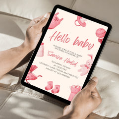Editable "Hello Baby" Baby Shower Invitation | Pink Baby Theme | Printable Digital Download | Corjl Template