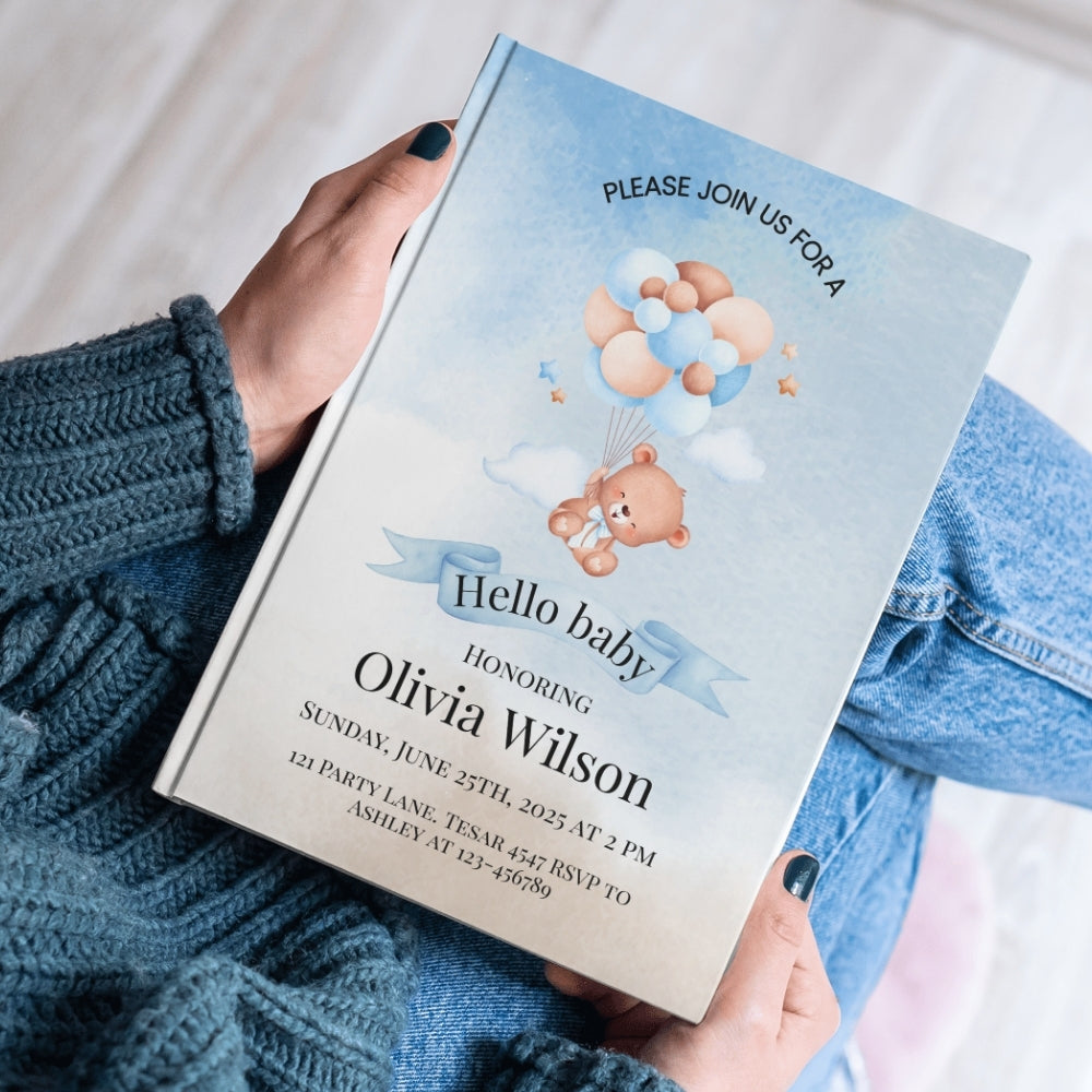 Editable "Hello Baby" Baby Shower Invitation | Teddy Bear & Balloon Theme | Printable Digital Download | Corjl Template