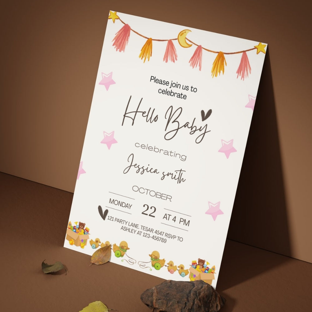 Editable Adorable Baby Shower Invitation | Hand-Drawn Stars & Toys | Instant Digital Download | Corjl Template