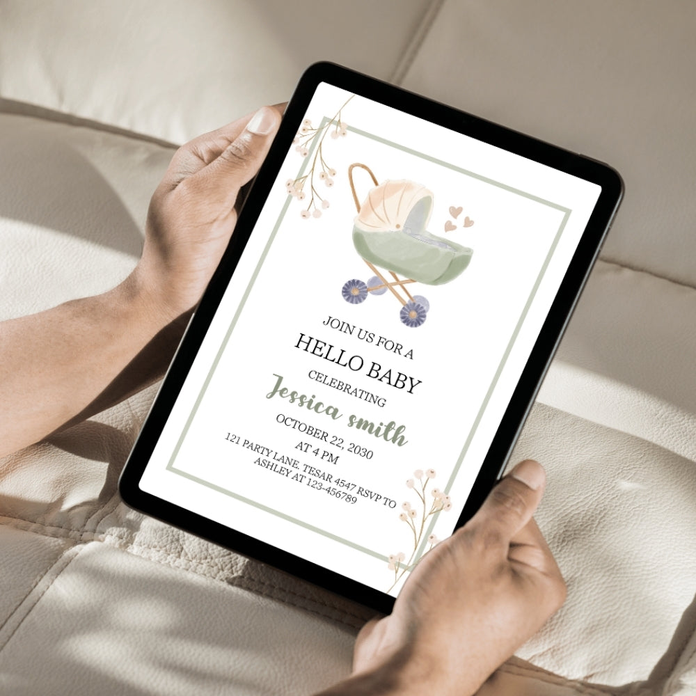 Editable "Hello Baby" Baby Shower Invitation | Minimalist Green & Beige Theme | Instant Digital Download | Corjl Template