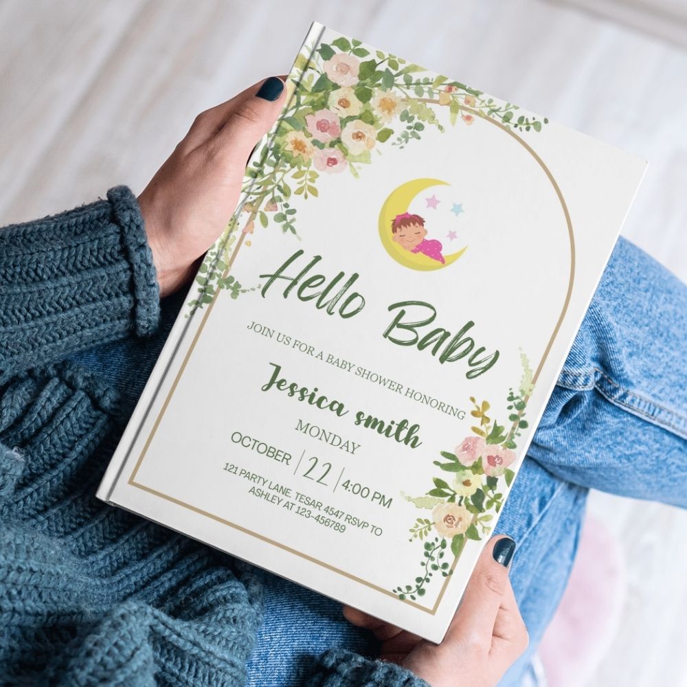 Editable "Hello Baby" Baby Shower Invitation | Moon & Floral Theme | Printable Digital Download | Corjl Template