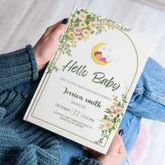 Editable "Hello Baby" Baby Shower Invitation | Moon & Floral Theme | Printable Digital Download | Corjl Template