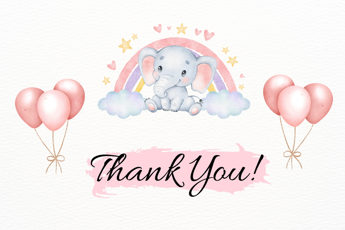 Editable Adorable Elephant & Balloon Thank You Card | Soft & Elegant | Corjl Template | Printable Digital Download