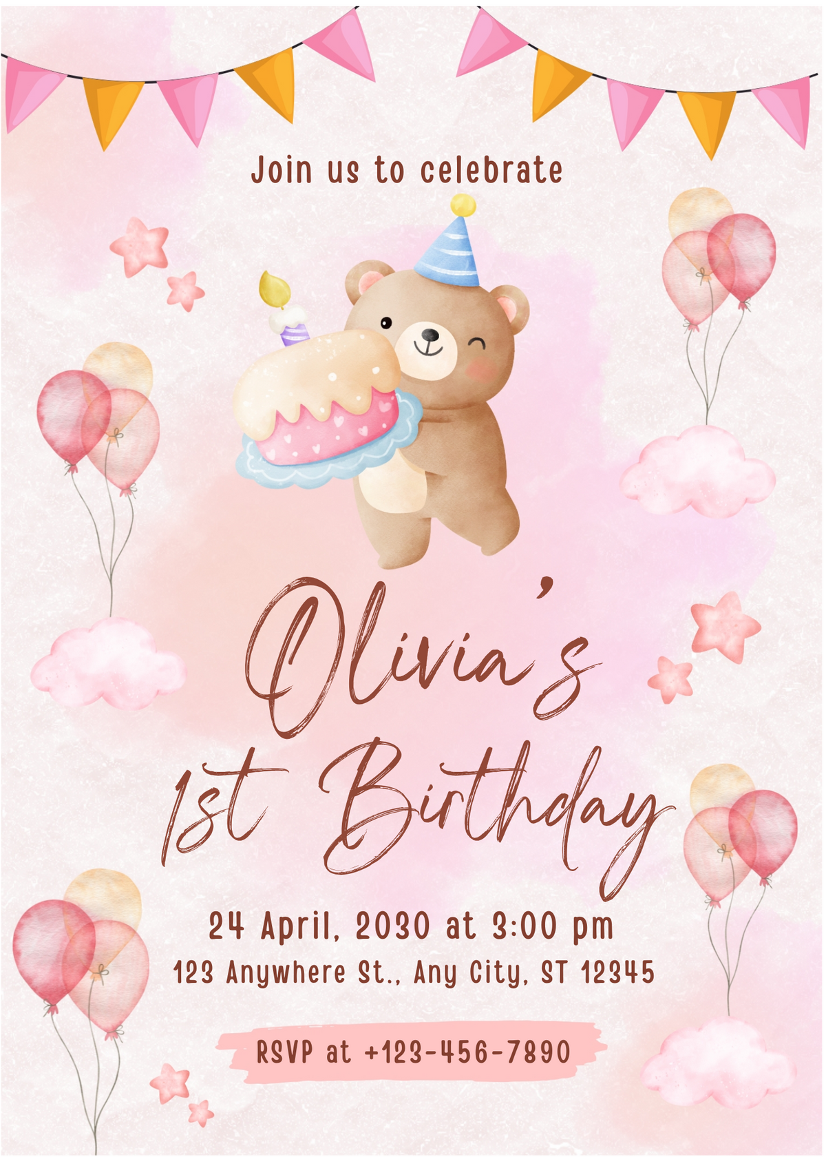 Editable Baby's 1st Birthday Invitation | Cute & Whimsical | Instant Download | Corjl Template