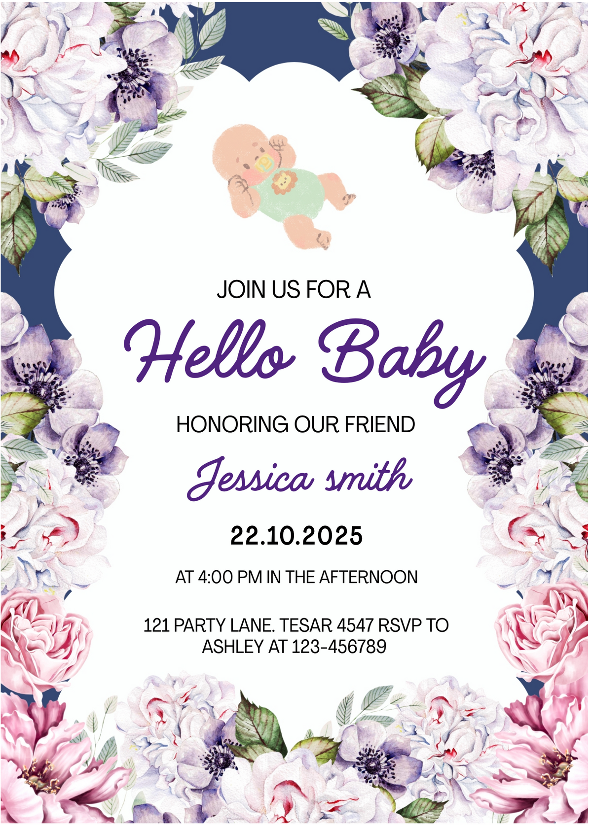 Editable Charming Baby Shower Invitation | Floral Design & Cute Baby Illustration | Digital Download | Corjl Template