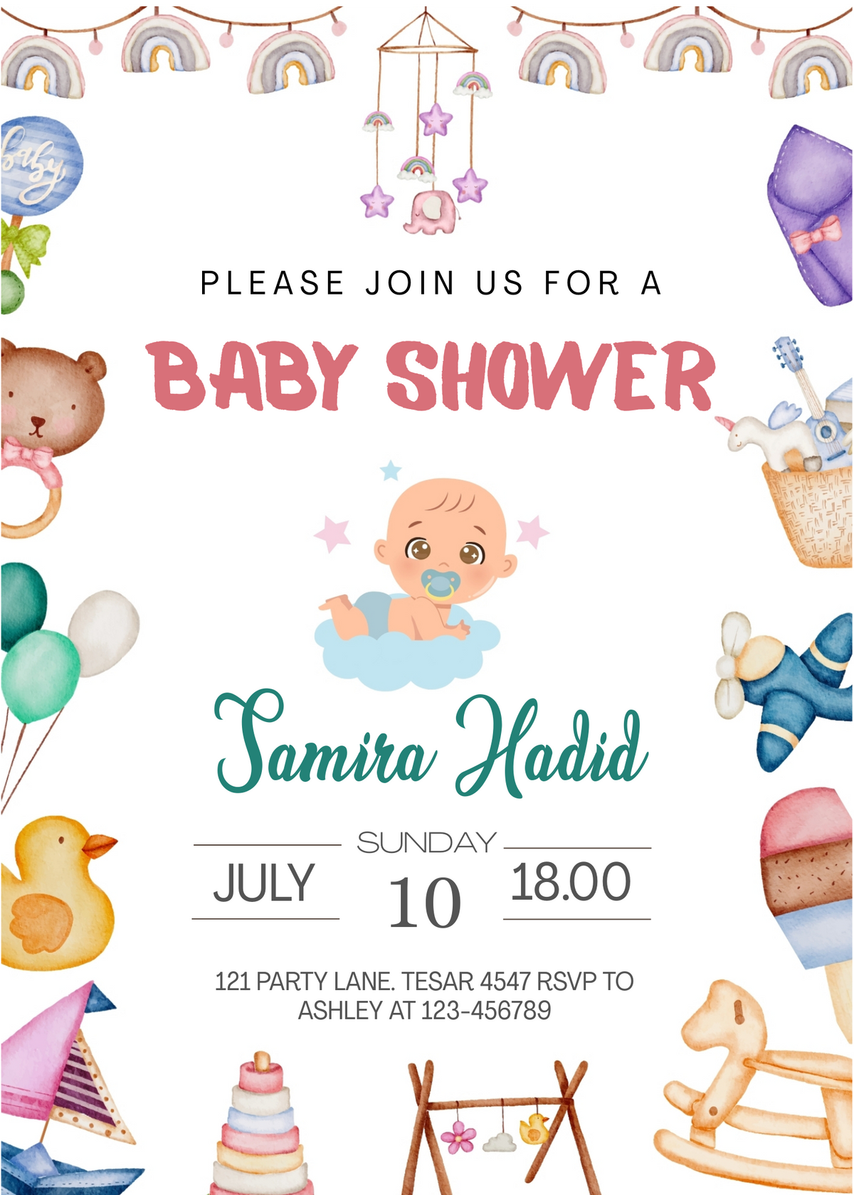 Editable Cute Baby Shower Invitation | Watercolor Theme | Printable Digital Download | Corjl Template