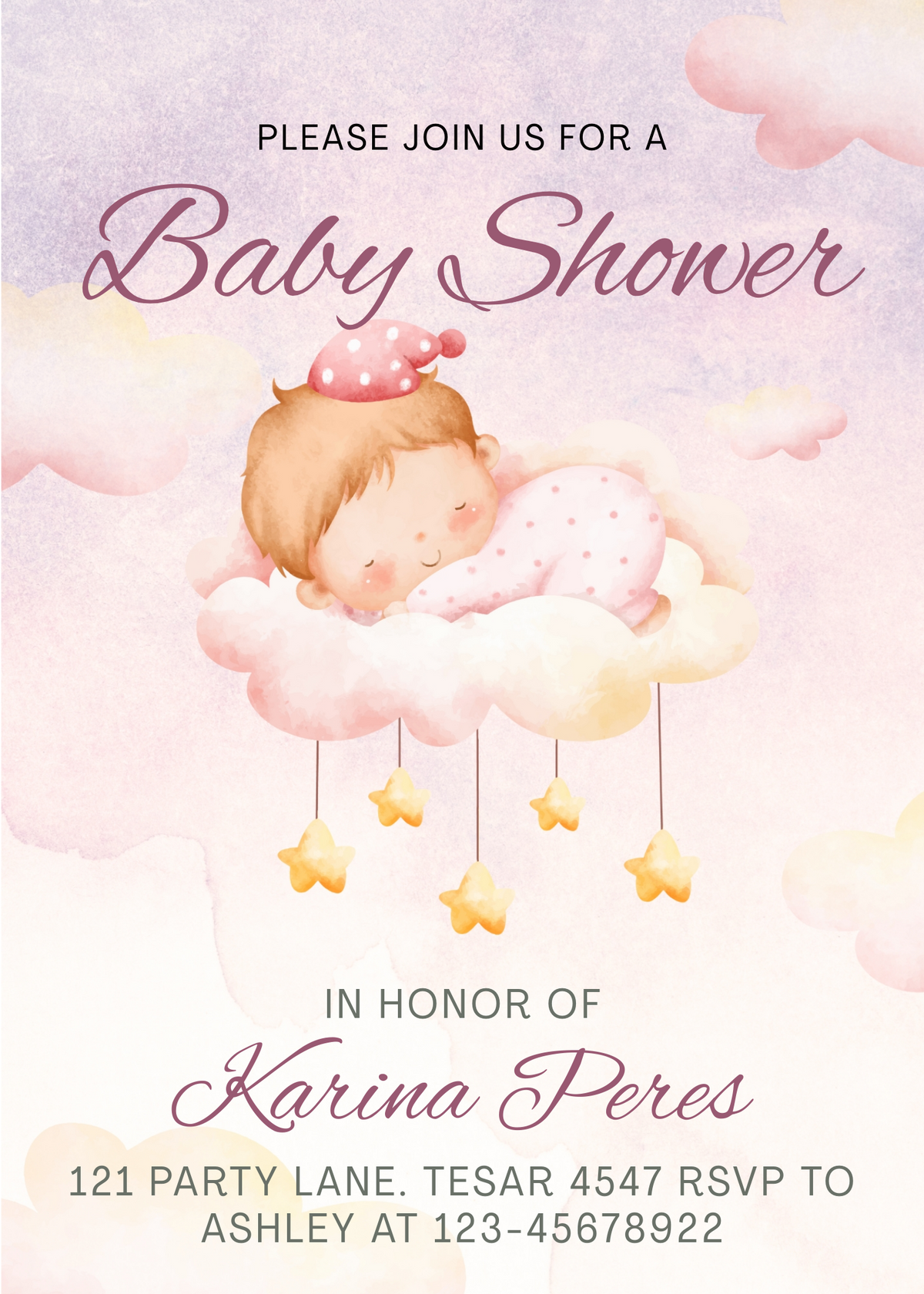 Editable Dreamy Cloud Baby Shower Invitation | Cute Sleeping Baby Theme | Printable Digital Download | Corjl Template