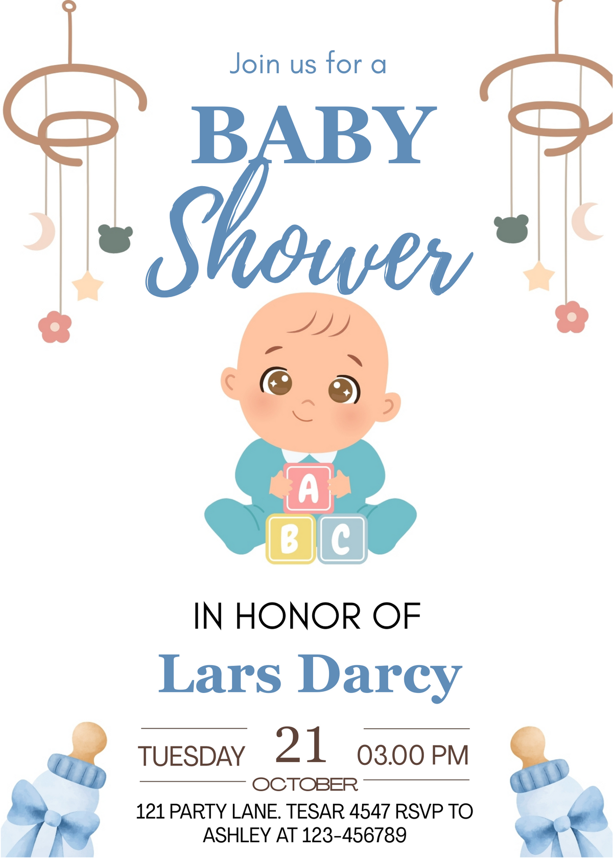 Editable Elegant Blue Baby Shower Invitation | Digital Download | Corjl Template