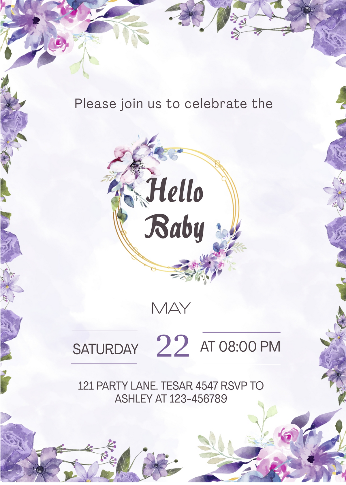 Editable Elegant Floral Baby Shower Invitation | Purple Watercolor Flowers | Instant Download | Corjl Template