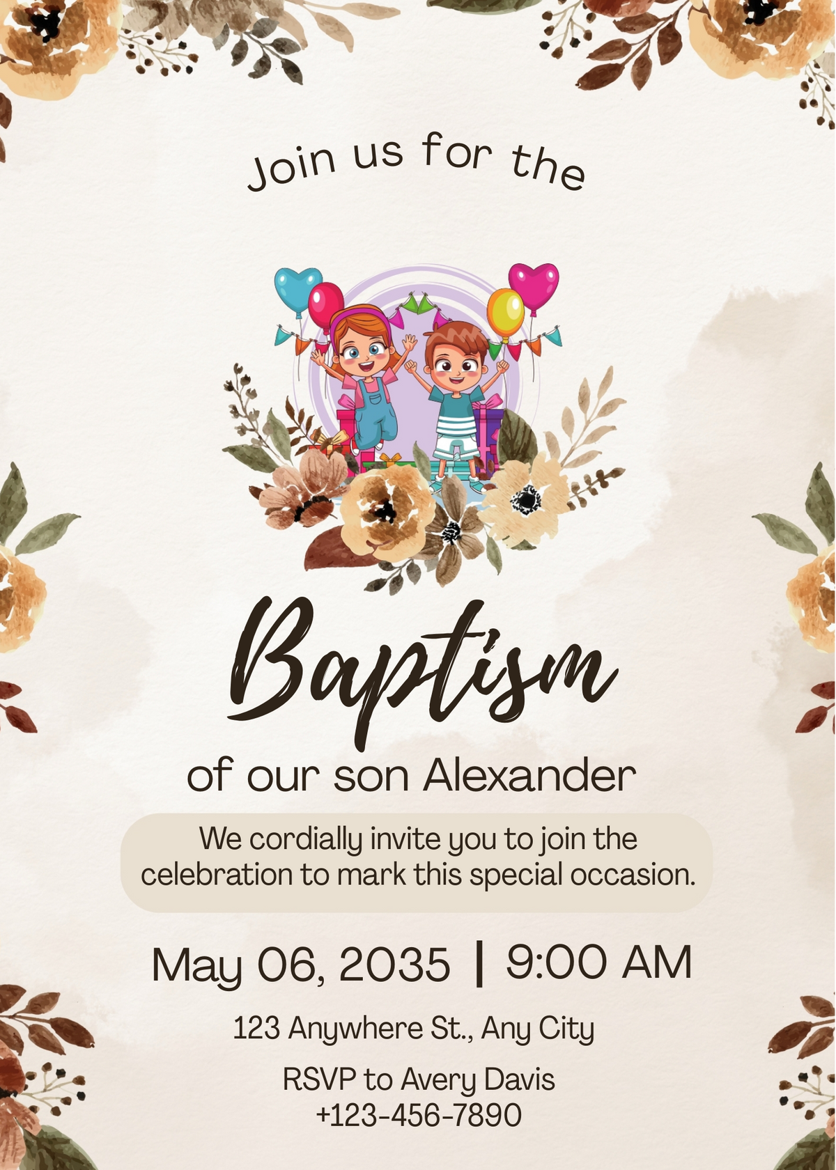 Editable Elegant Floral Baptism Invitation | Neutral Tones | Digital Download | Corjl Template