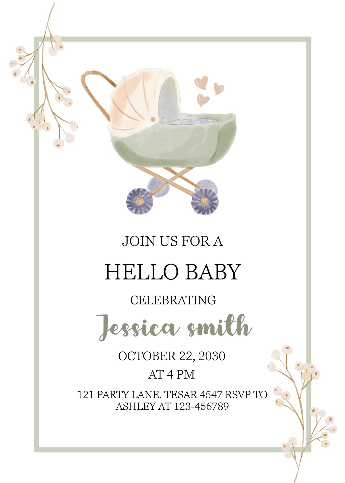 Editable "Hello Baby" Baby Shower Invitation | Minimalist Green & Beige Theme | Instant Digital Download | Corjl Template
