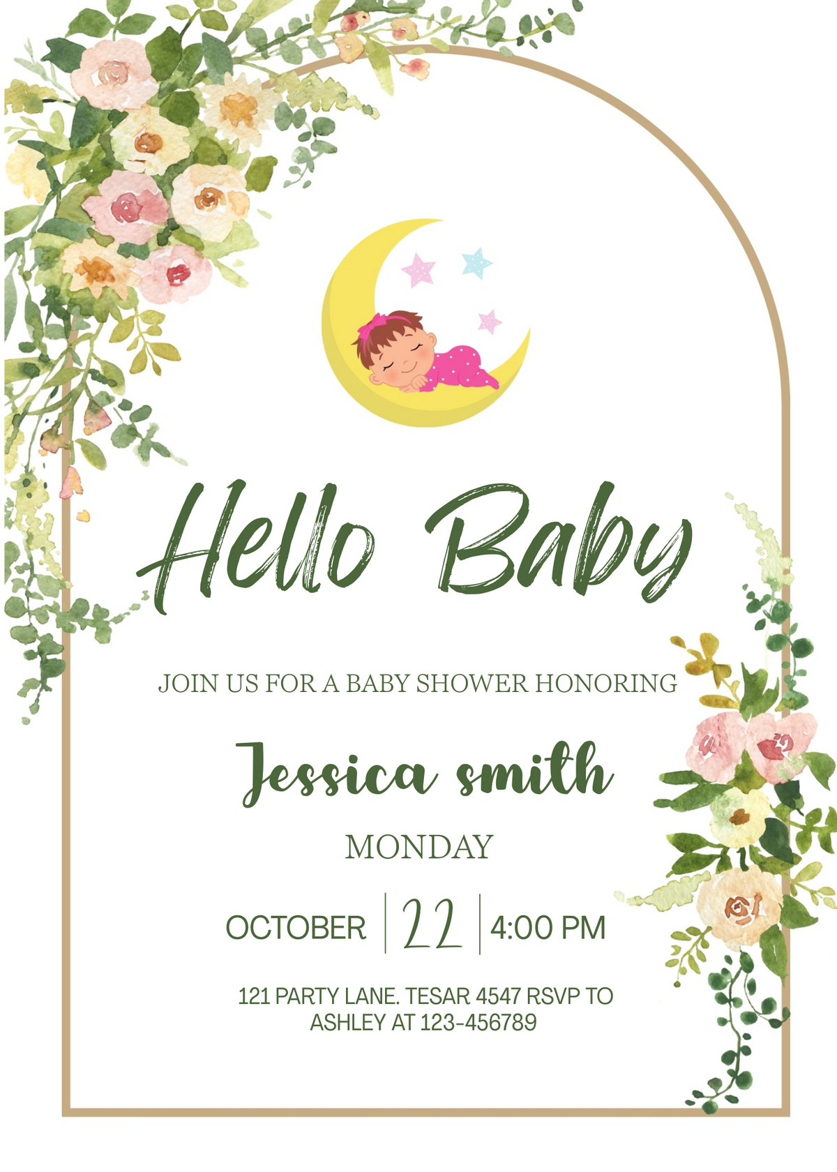 Editable "Hello Baby" Baby Shower Invitation | Moon & Floral Theme | Printable Digital Download | Corjl Template