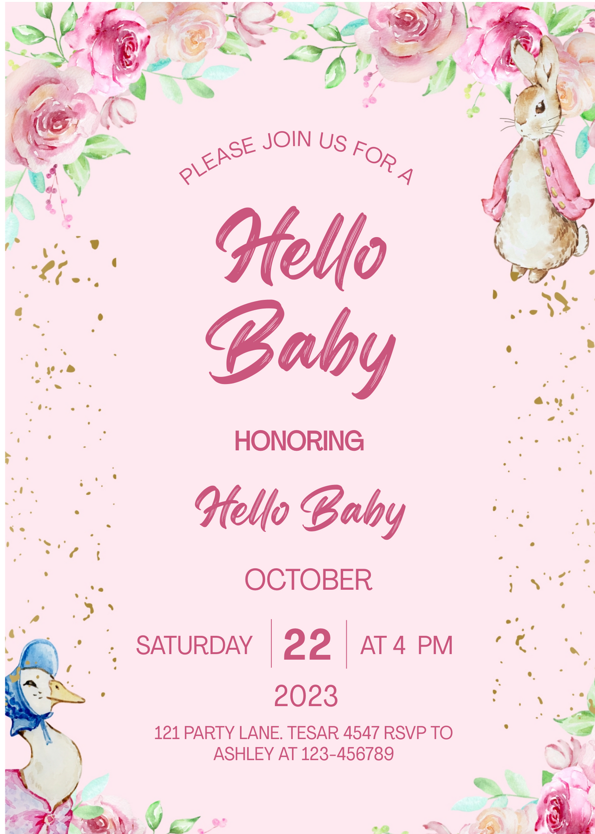 Editable "Hello Baby" Baby Shower Invitation | Pink Floral & Cute Animal Theme | Instant Digital Download | Corjl Template