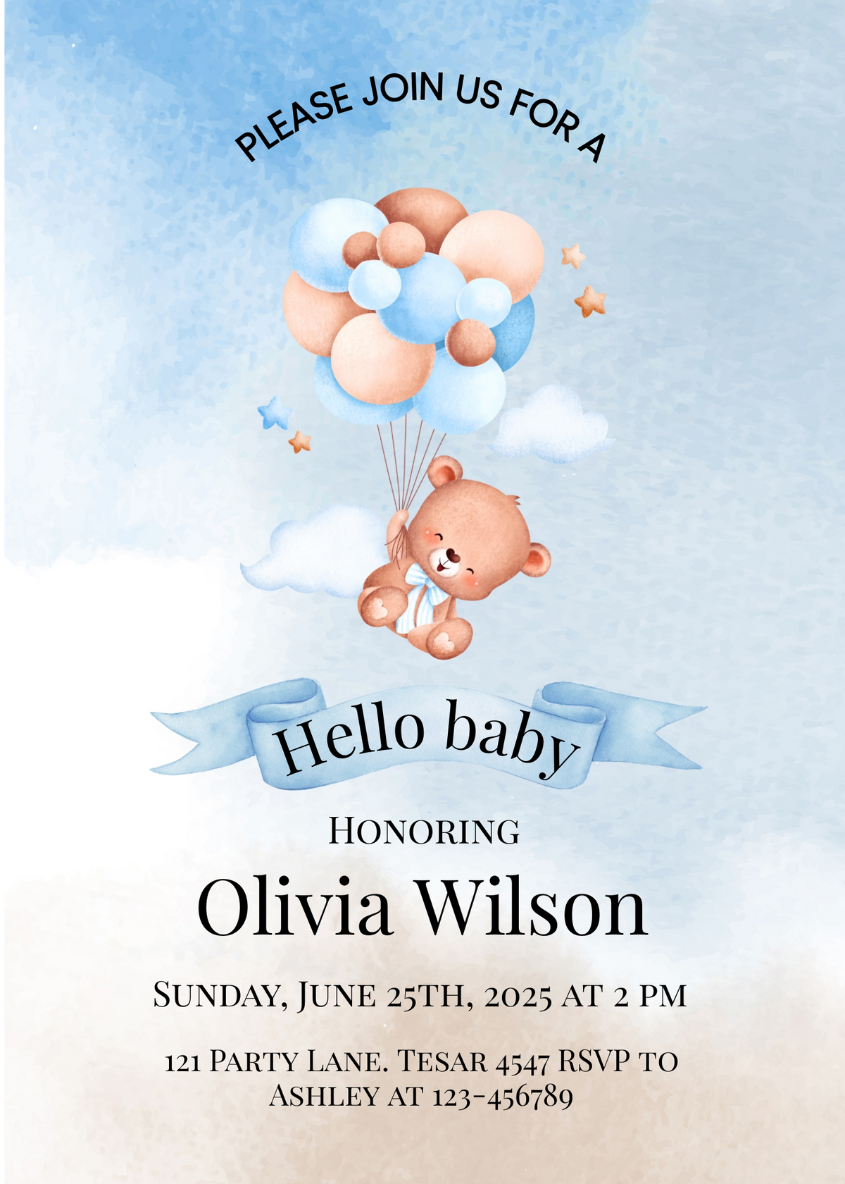 Editable "Hello Baby" Baby Shower Invitation | Teddy Bear & Balloon Theme | Printable Digital Download | Corjl Template