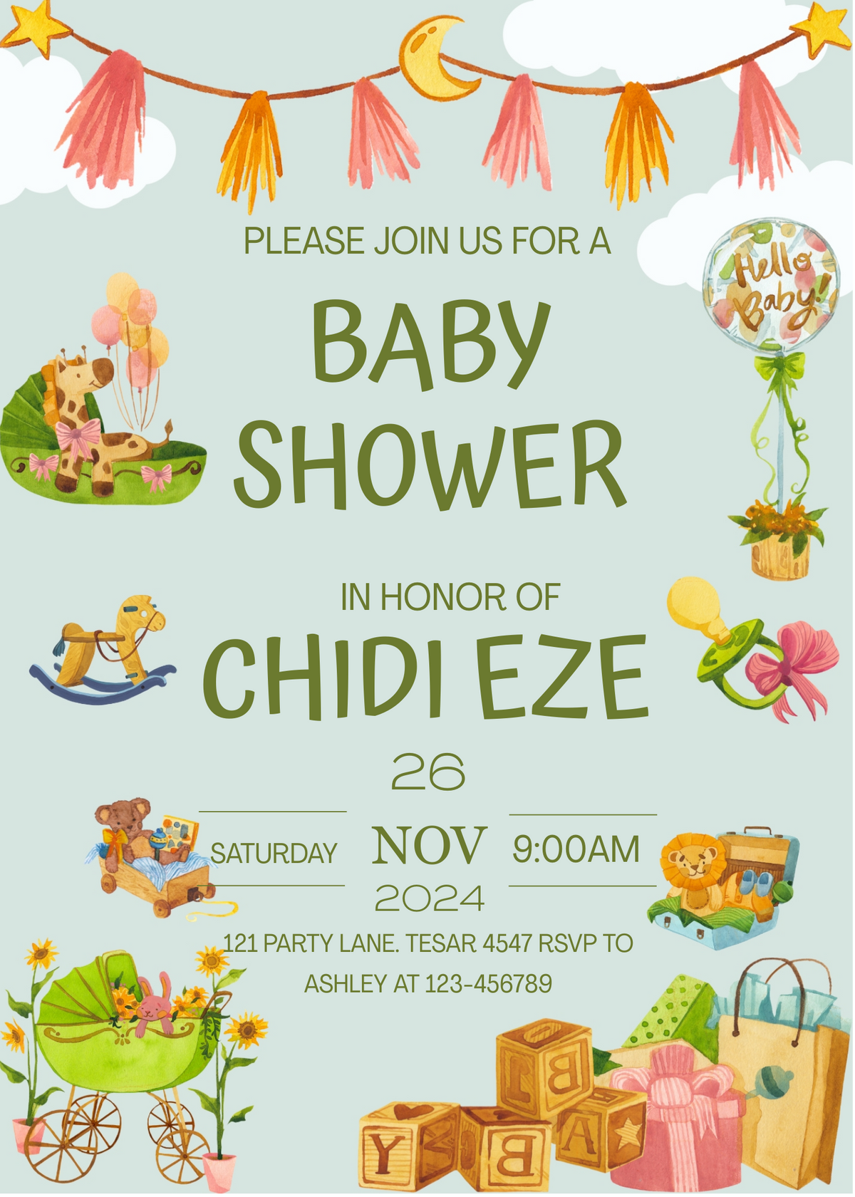 Editable Jungle Safari Baby Shower Invitation | Green Theme | Printable Digital Download | Corjl Template