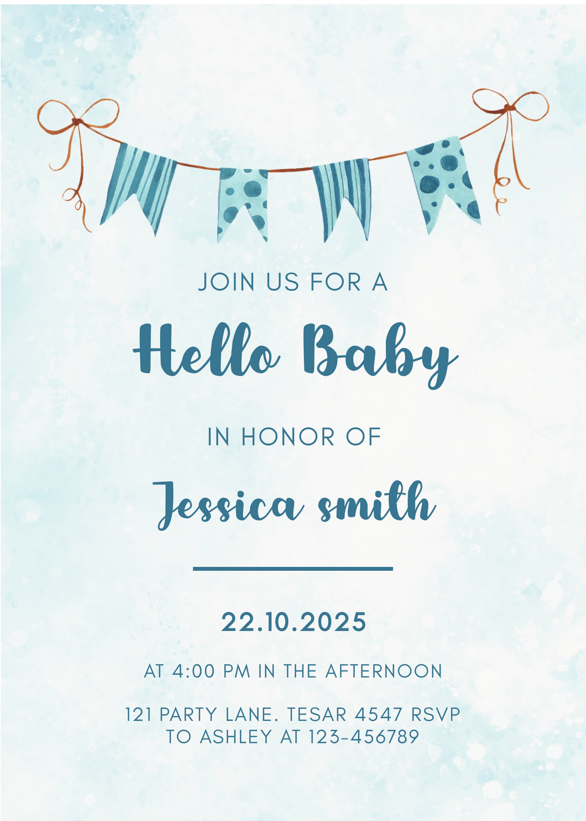 Editable Minimalist Blue Baby Shower Invitation | Watercolor Bunting Design | Instant Download | Corjl Template