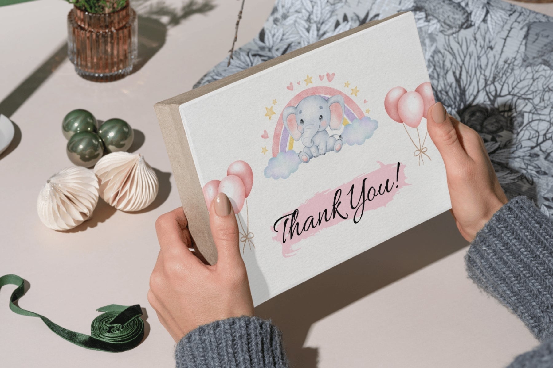Editable Adorable Elephant & Balloon Thank You Card | Soft & Elegant | Corjl Template | Printable Digital Download